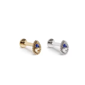 14K Gold Sapphire Tear Drop Beaded Stud