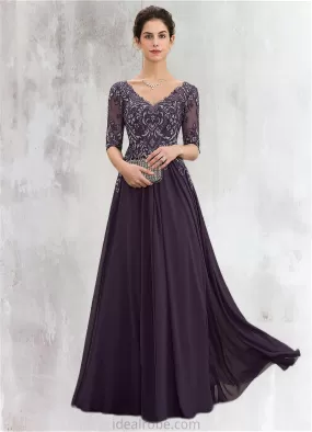 Aspen A-Line V-neck Floor-Length Chiffon Lace Mother of the Bride Dress STK126P0014678