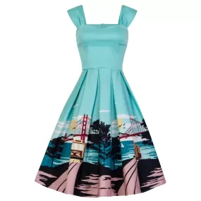 Collectif Aqua Blue San Francisco City Print 50s Swing Dress