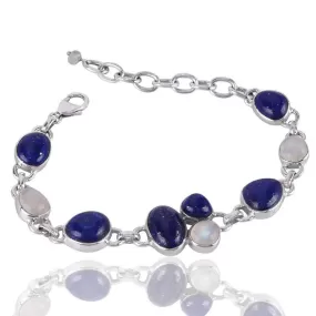 Indian Handmade Natural Lapis And Rainbow Moonstone Bracelet, 925 Sterling Silver Two Stone Bracelet