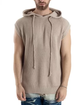 Maglia Gilet Uomo Maglioncino Con Cappuccio Smanicato Basic Casual Tinta Unita Beige GIOSAL-M2831A