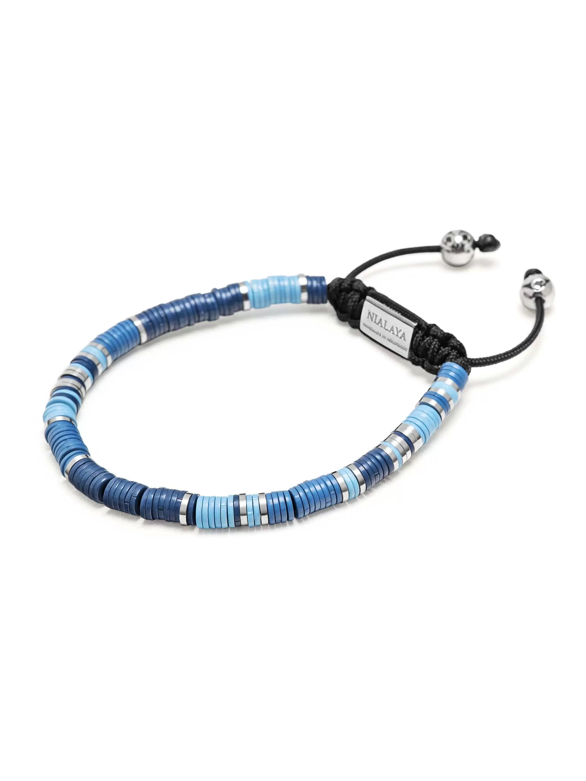 Men's Beaded Bracelet with Blue and Silver Disc Beads