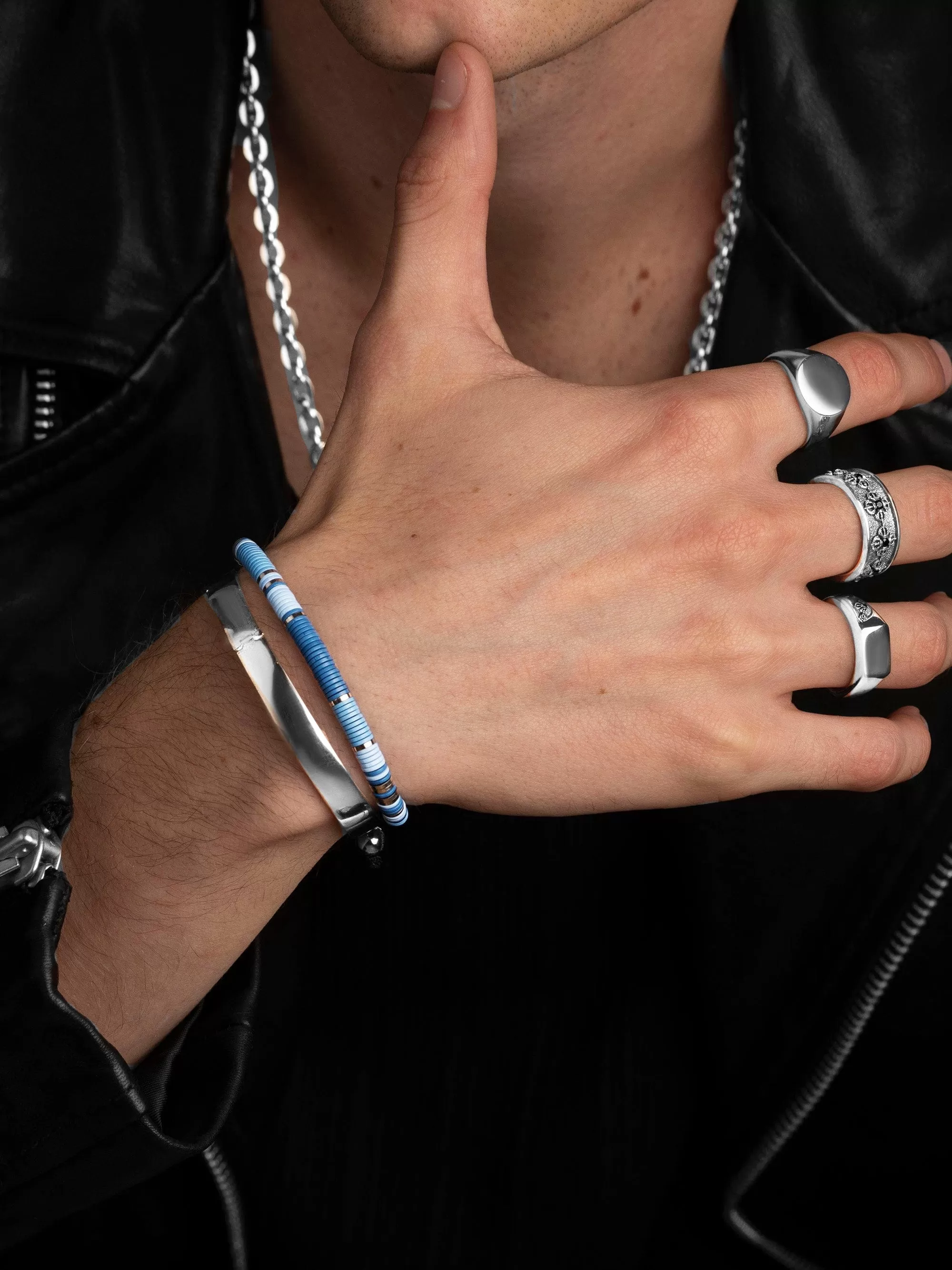 Men's Beaded Bracelet with Blue and Silver Disc Beads