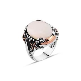 Plain White Ellipse Mother of Pearl Stone Silver Men's Ring Siding Double Sword and Silver Spheres