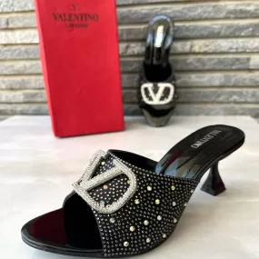 Rhinestone Decor V Logo Party Wear Kitten Heel Sandal