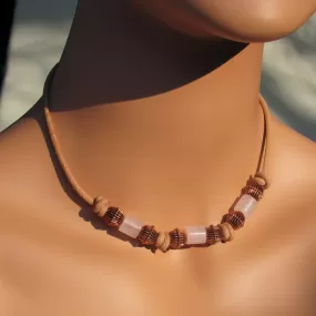 Rose Quartz gemstone and copper leather necklace