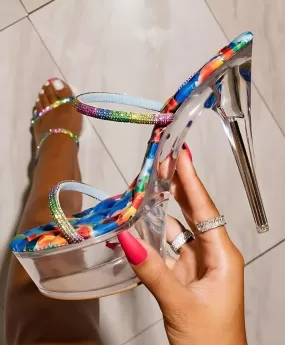 Sandalo Donna Tacco Spillo Platò Trasparente Fantasia Multicolore Strass