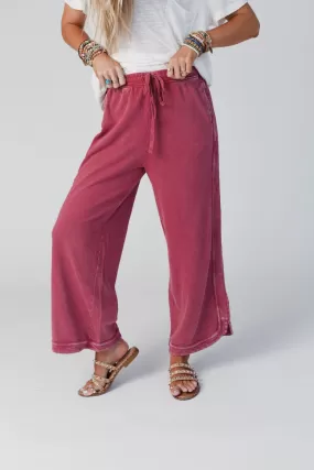 So Comfy Wide Leg Pant Cropped Length - Burgundy