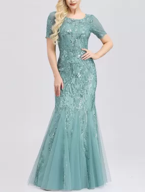 Sondra Plus Size Prom Wedding Evening Dress Gown Sequin Leafs Tulle Fishtail Mermaid With Sleeves Short Formal Sleeve Maxi Dress (Green, Red, Blue)